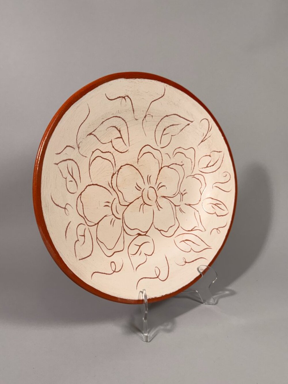 VTG Fioriware Zanesville 12” Terracotta White Floral Platter Hand Painted Potter
